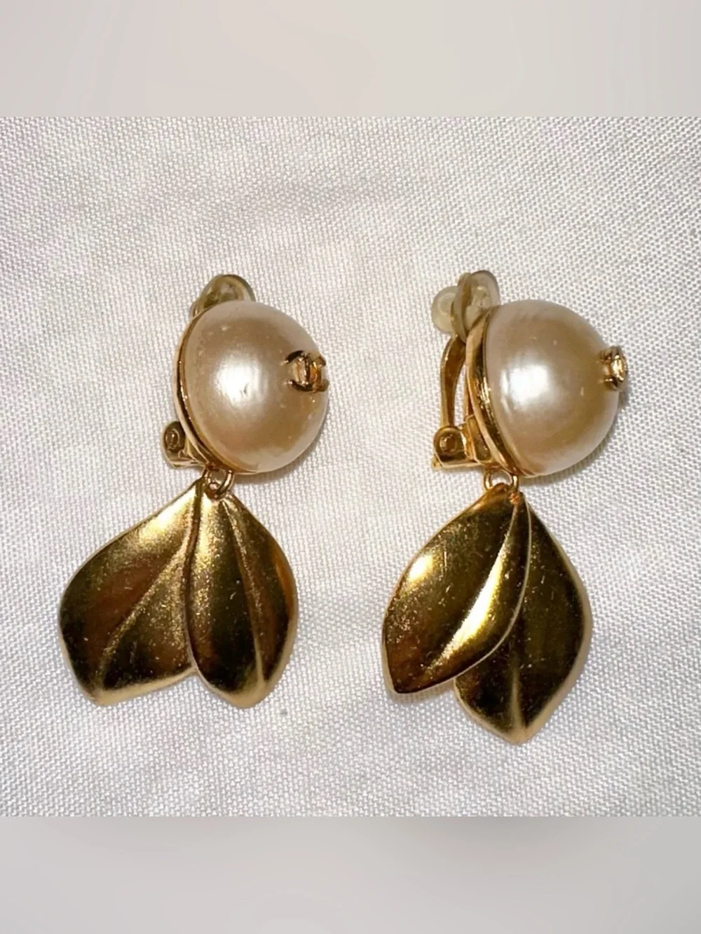 Chanel Vintage Pearl and Leaves Gold-tone Dangle Drop Clip On Statement Earrings